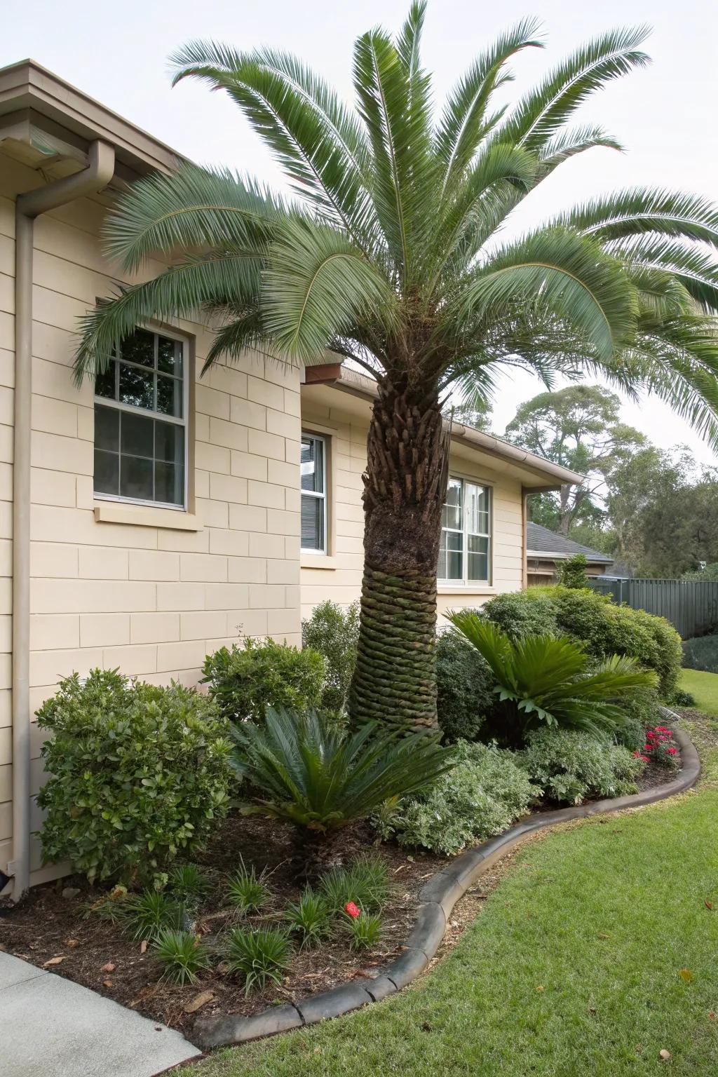 Corner Sylvester palms add structure and elegance to garden beds.
