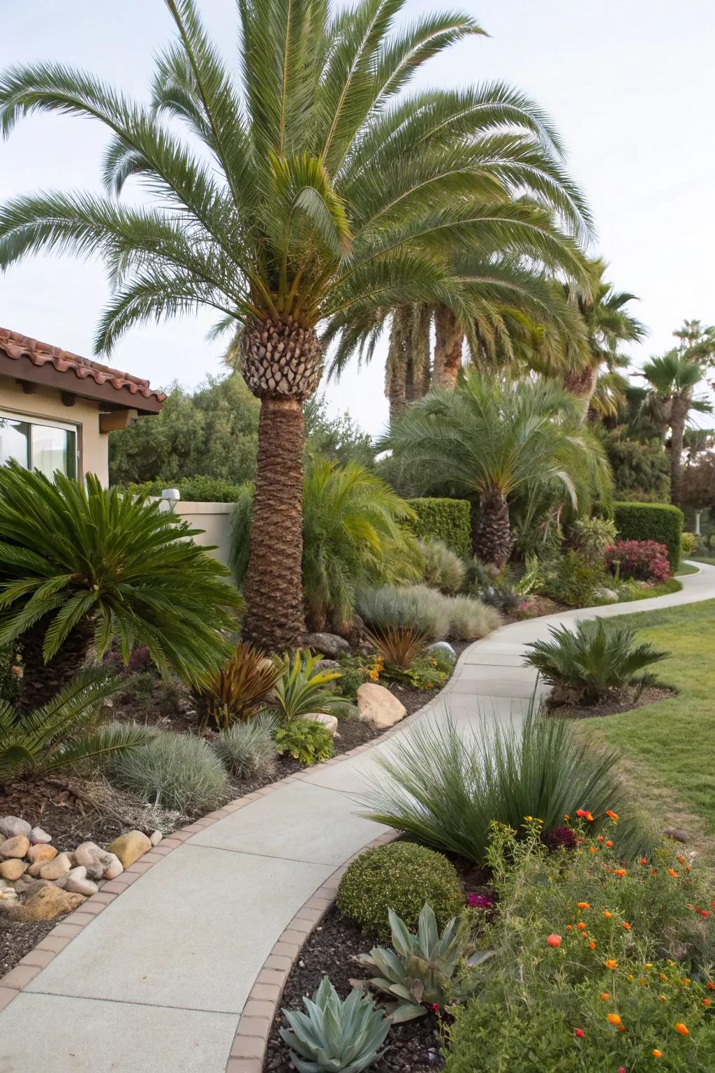 Sustainable beauty with Sylvester palms and drought-tolerant companions.