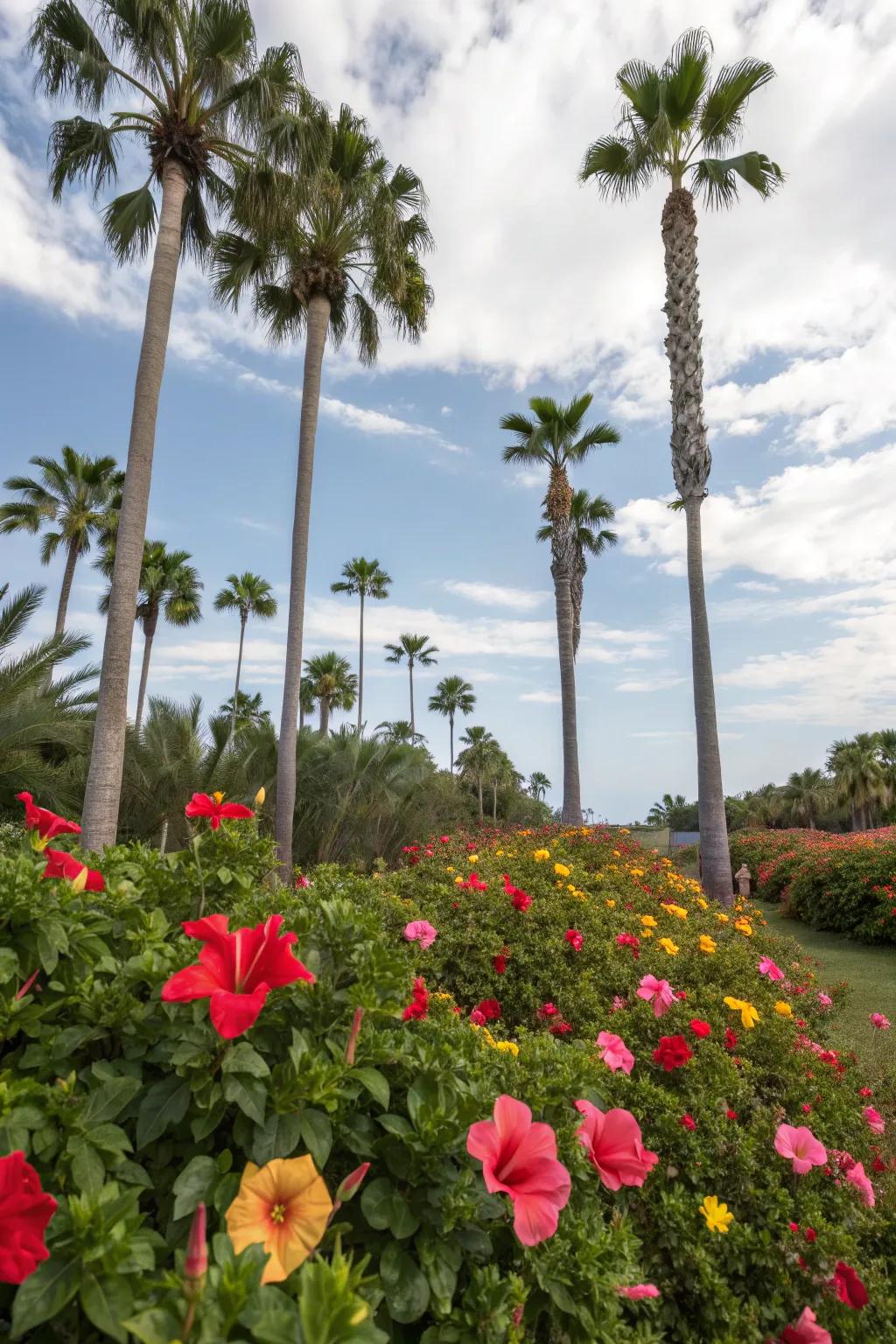 Vibrant hibiscus flowers bring out the beauty of Sylvester palms.
