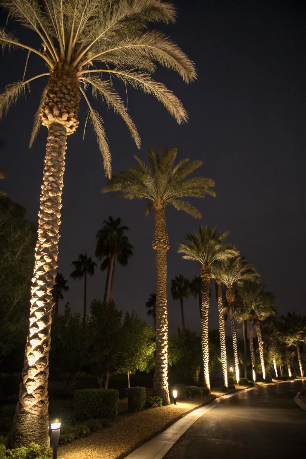 Transform your landscape with stunning nighttime lighting on Sylvester palms.