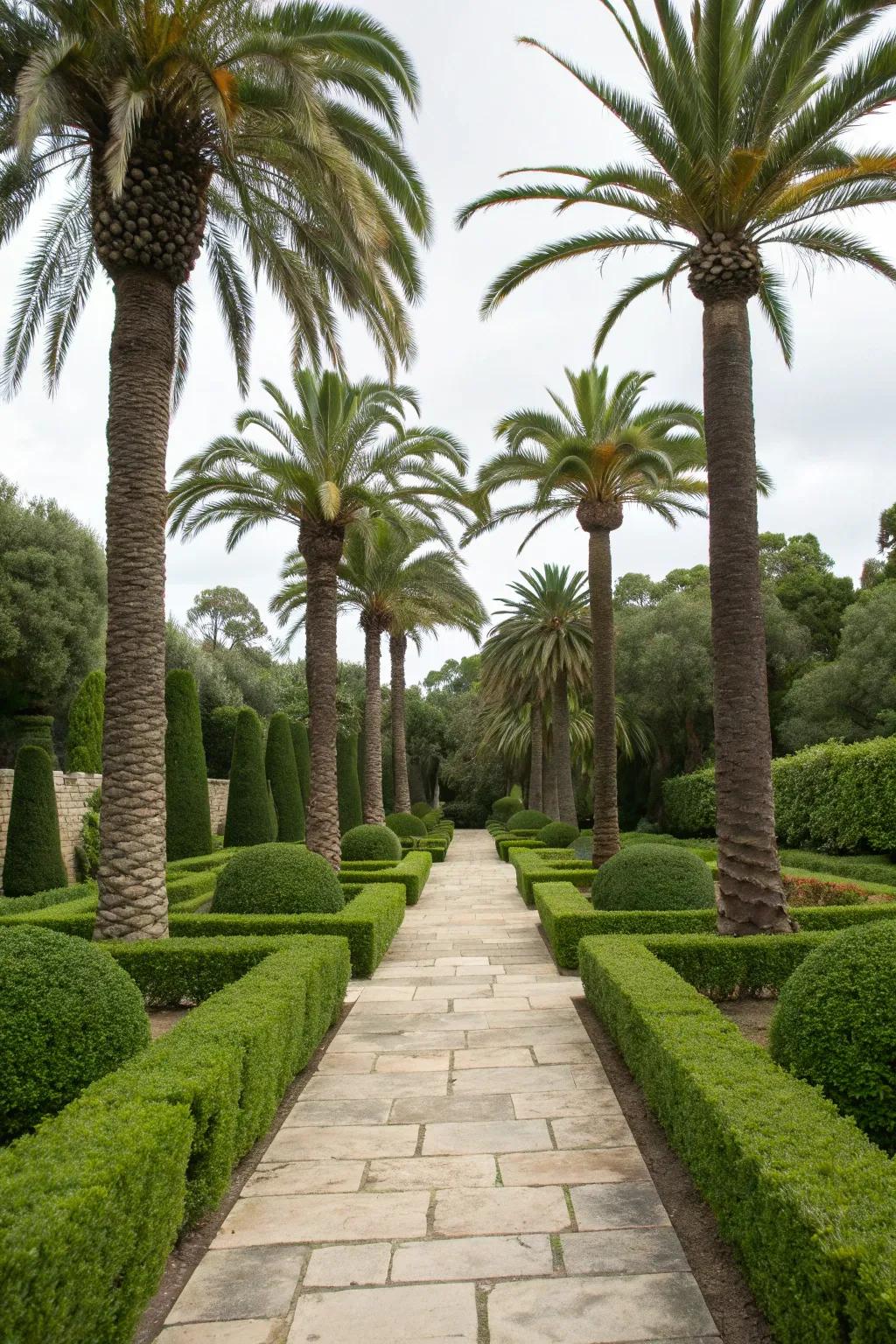 Formal garden elegance with symmetrical Sylvester palms.