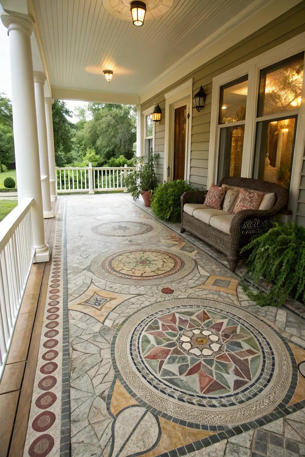 An exquisite flagstone mosaic design enhancing the porch's charm.