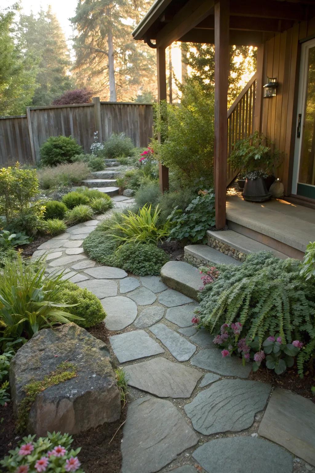 A flagstone porch embraced by a variety of textured plants.
