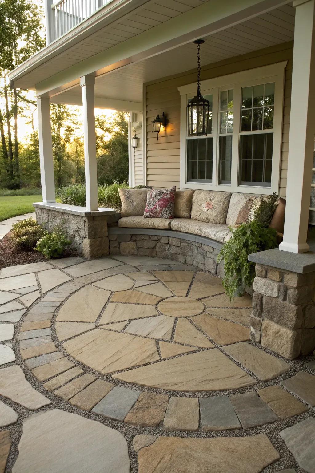 A circular flagstone design creating a focal gathering space on the porch.