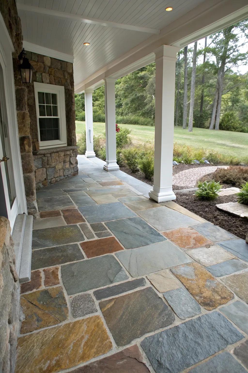 A flagstone porch showcasing a mix of stone types for visual interest.