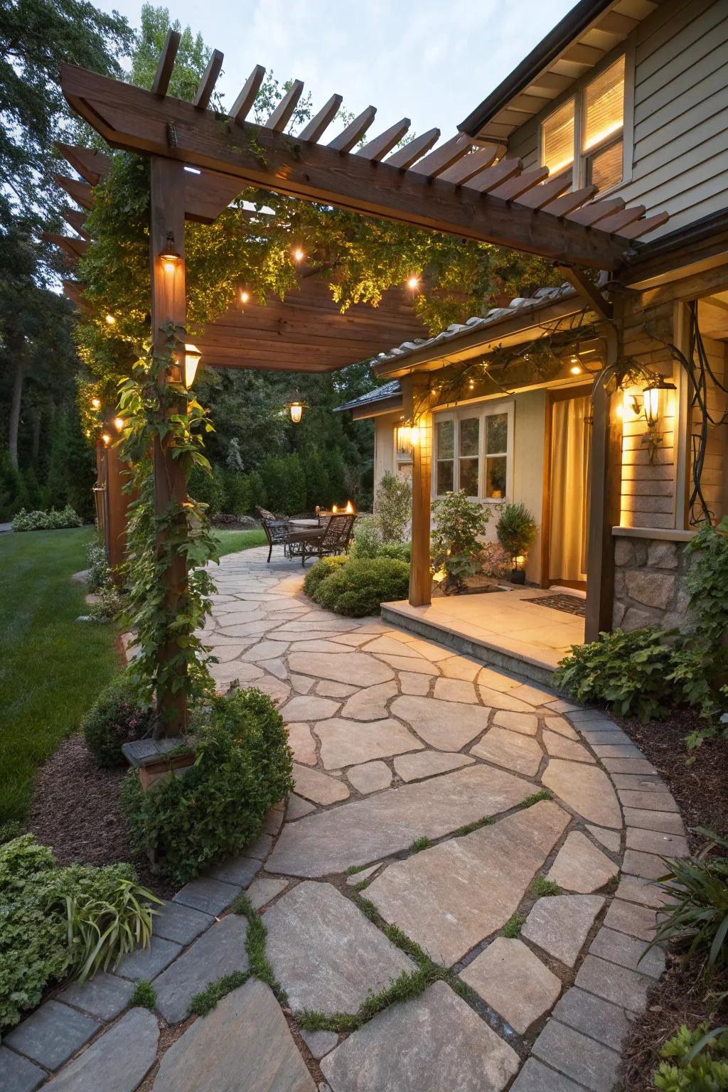 A welcoming flagstone porch under a stylish wooden pergola.