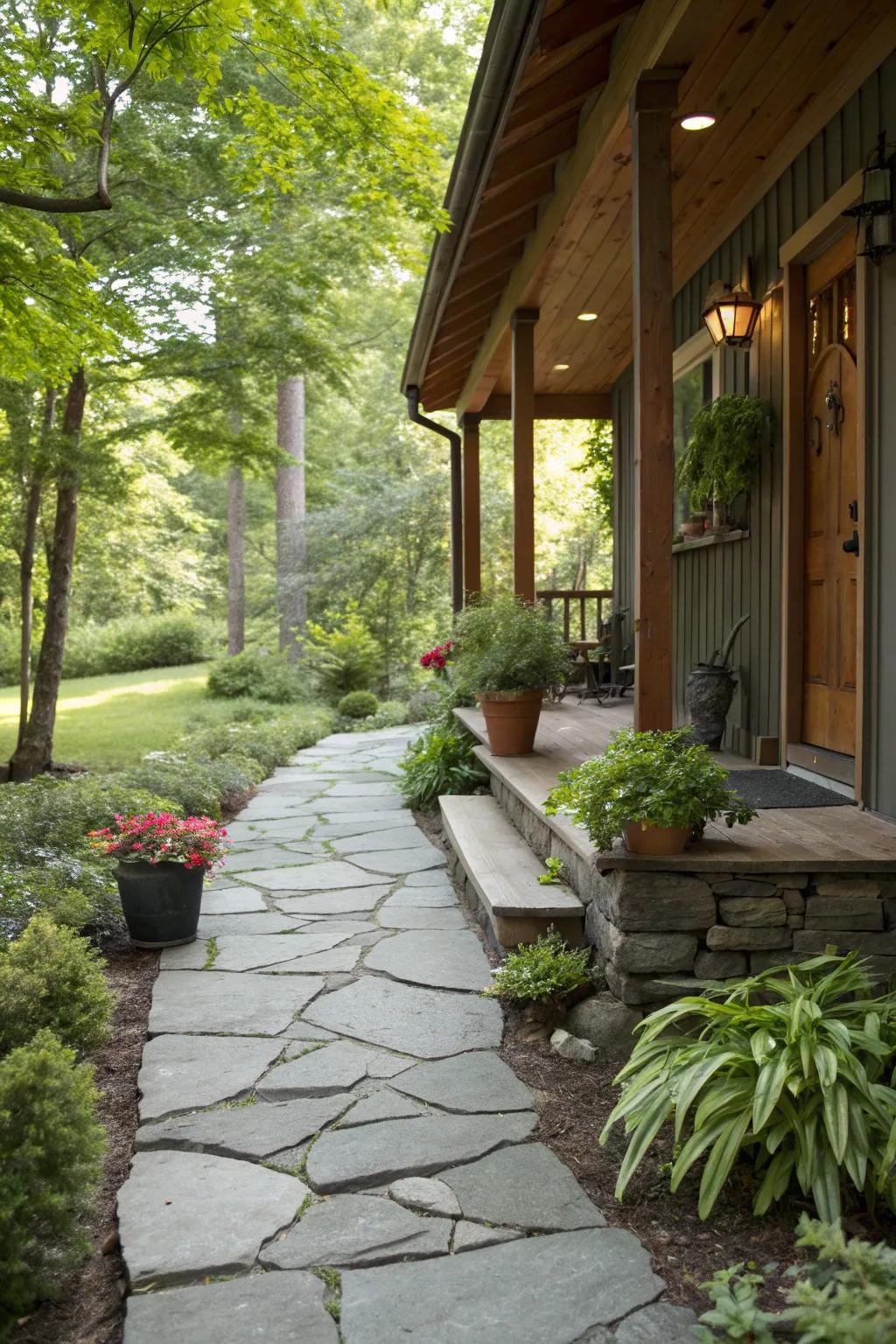 A picturesque flagstone pathway winding through a lush garden to the porch.