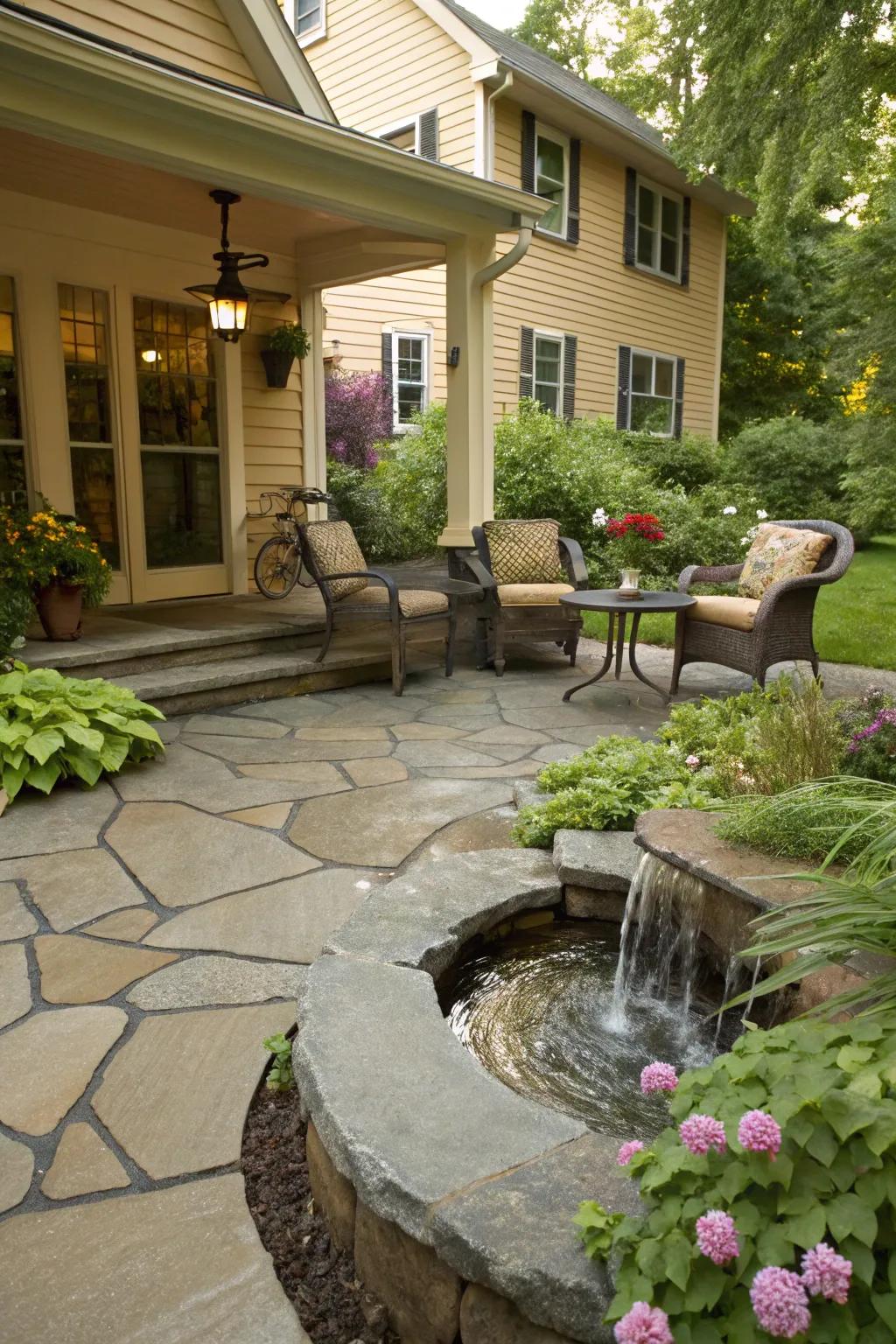 A peaceful flagstone porch with a calming water feature.