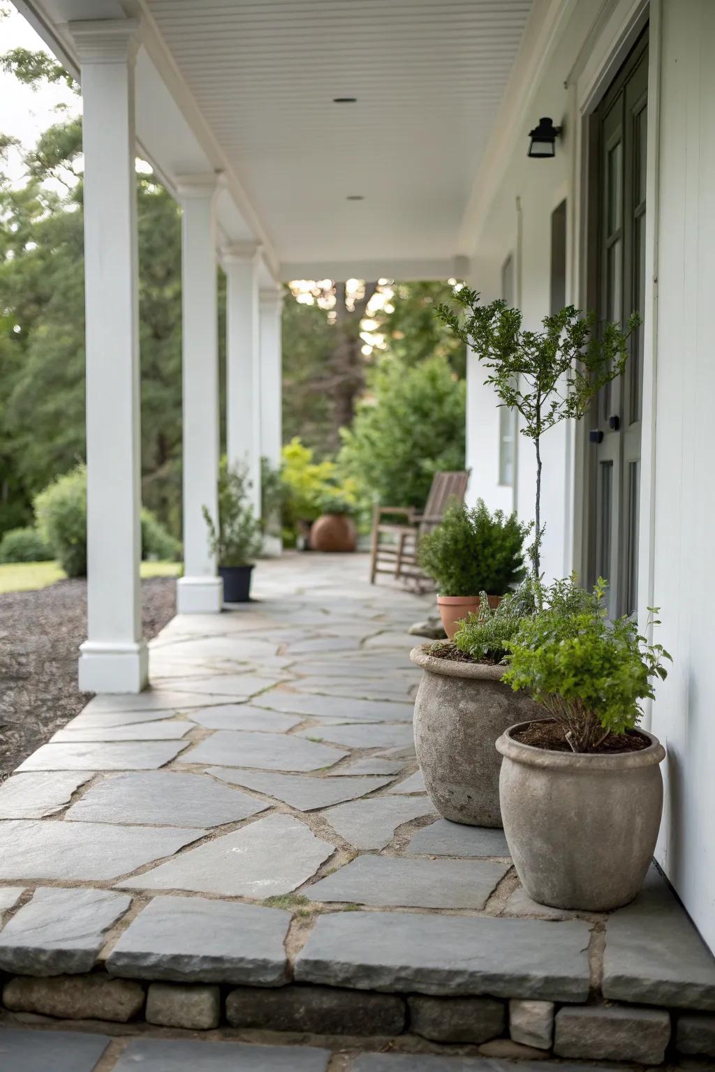 A serene, minimalistic flagstone porch with understated elegance.