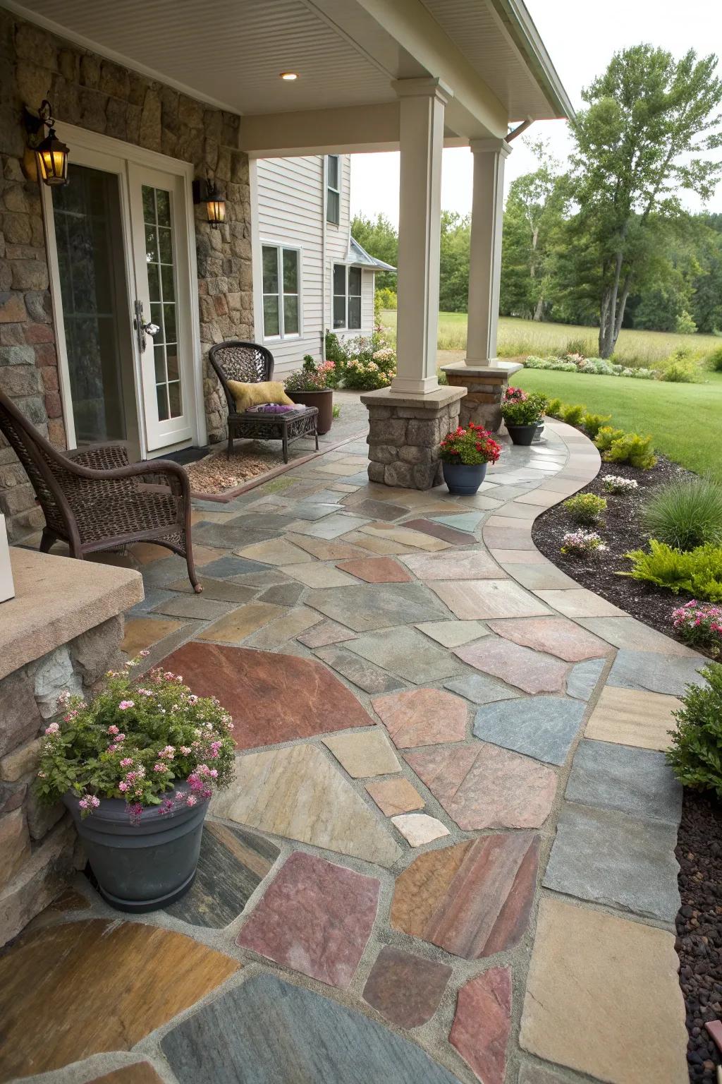 A vibrant flagstone porch showcasing a mix of stone colors.