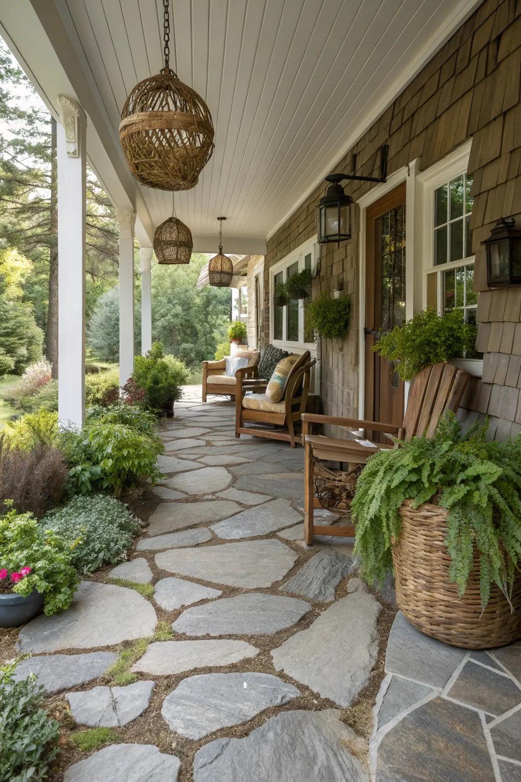 A rustic porch featuring an irregular flagstone design and rustic accessories.