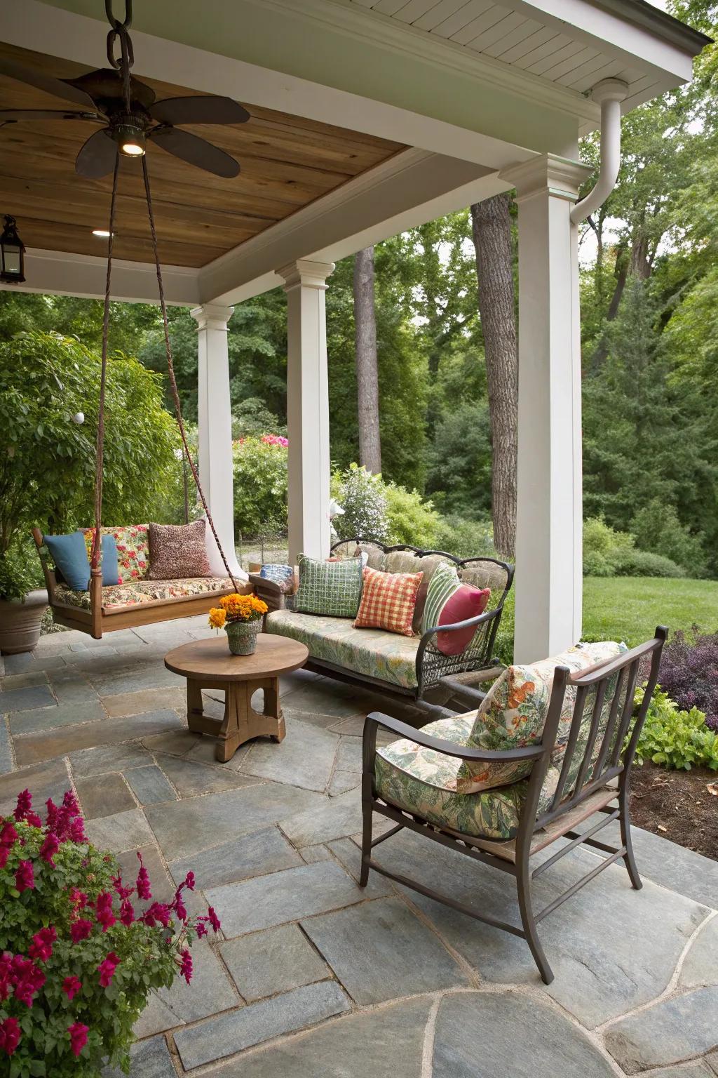A charming seating corner on a flagstone porch with vibrant cushions.