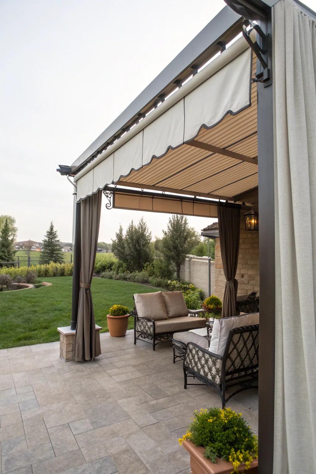 Enhance privacy with an awning featuring a drop valance.