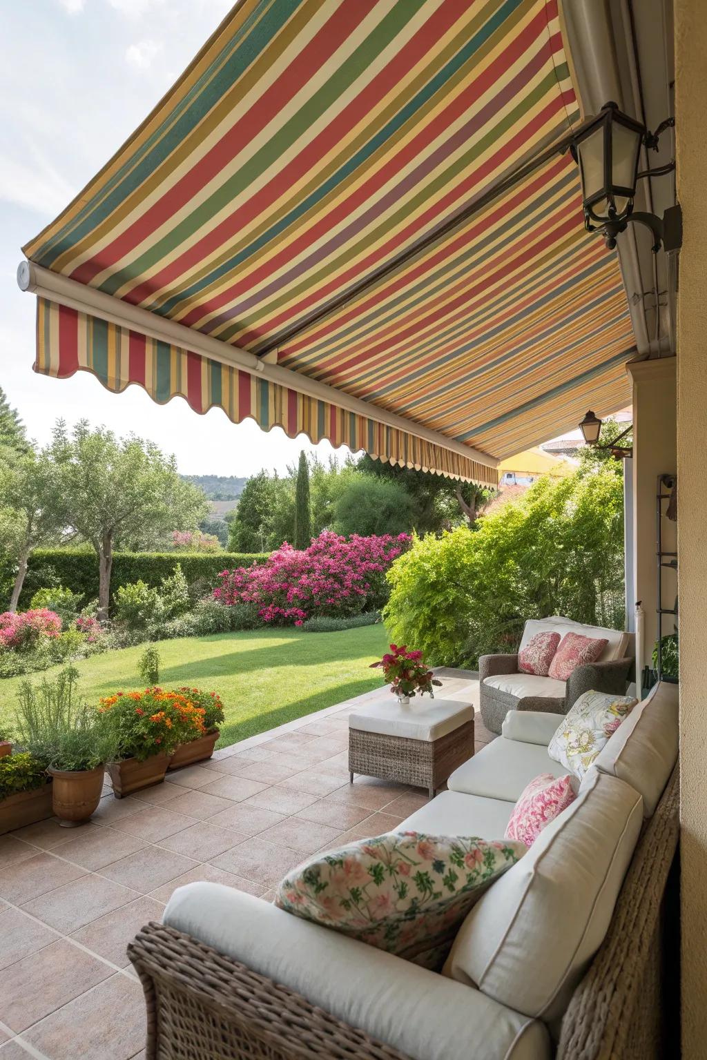 Brighten your patio with a colorful striped awning.