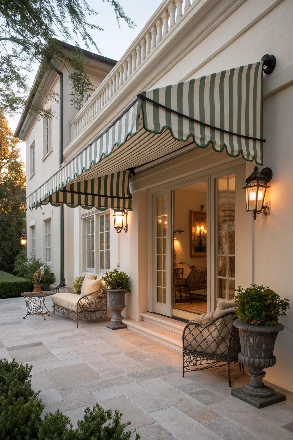 Achieve timeless elegance with a striped canvas awning.