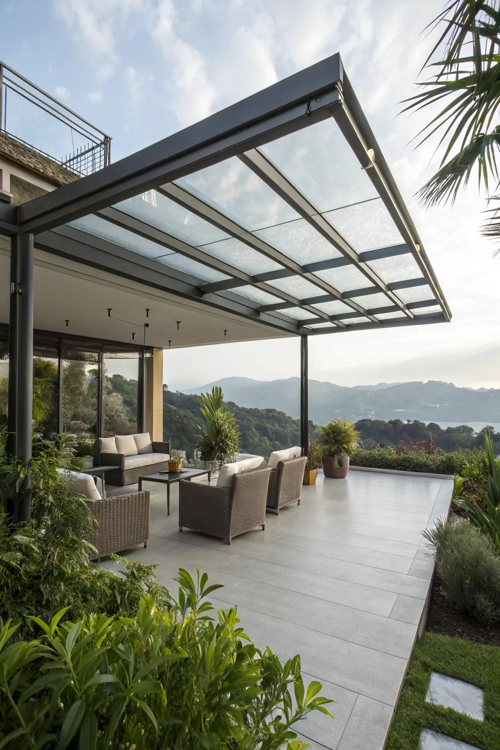 A sleek metal and glass awning for a contemporary outdoor space.