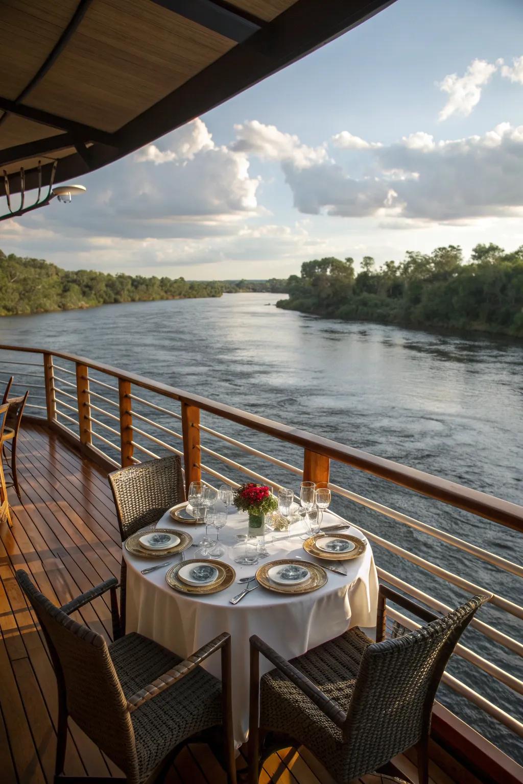 Dining with nature on a river deck.