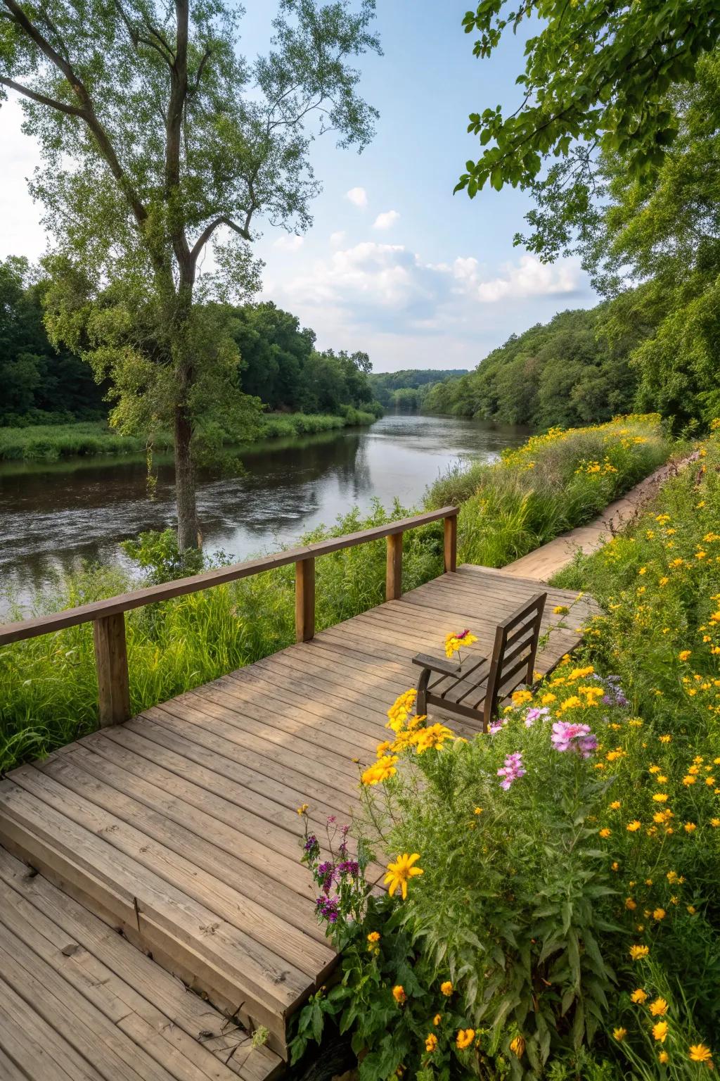 A natural wood deck nestled by the river.