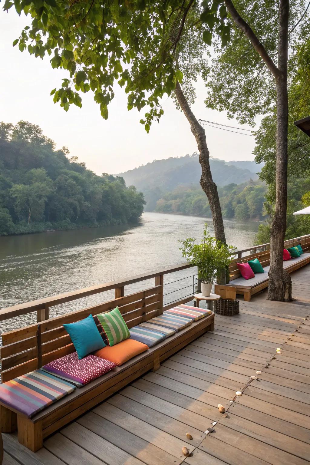 Comfortable built-in seating with river views.