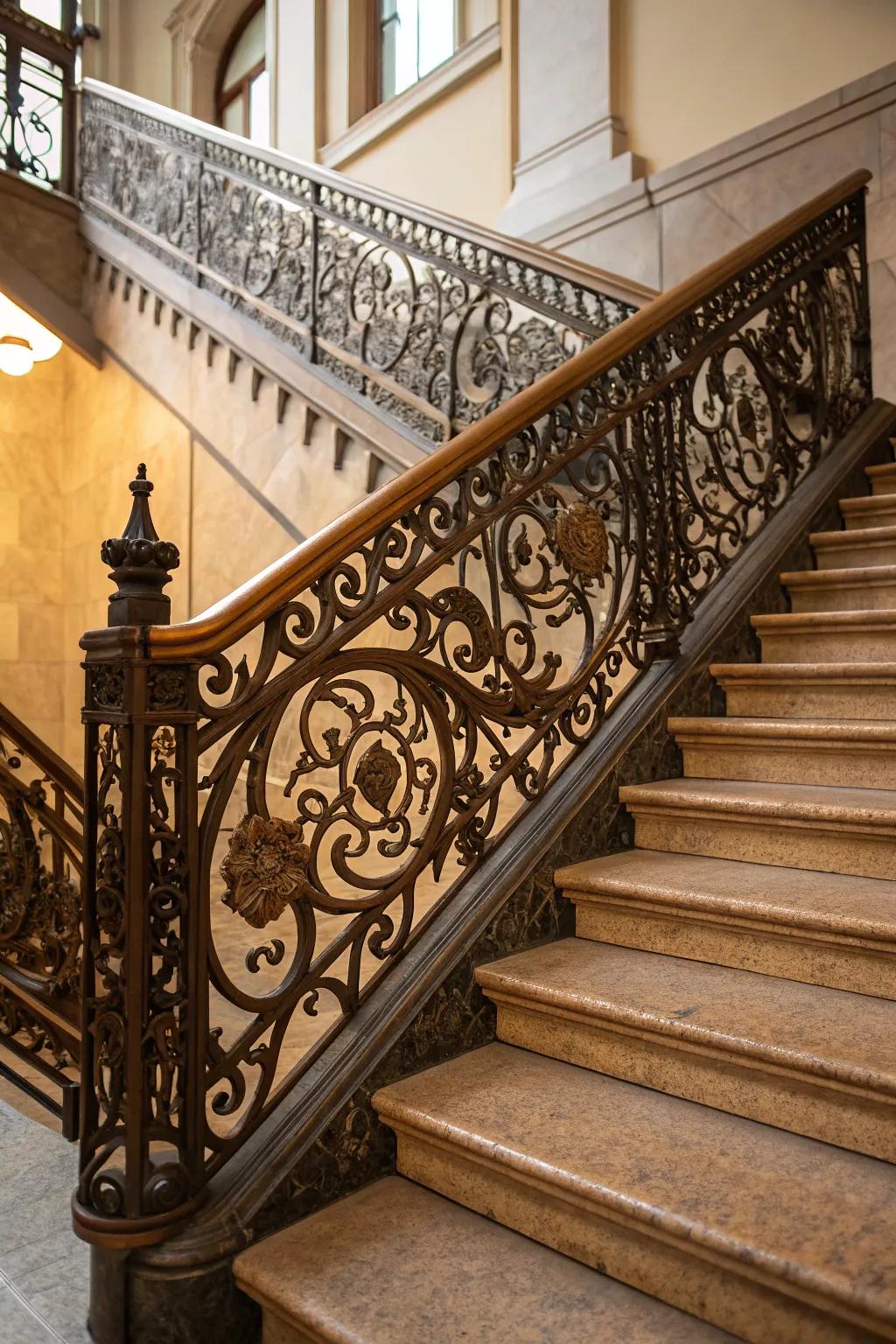 Ornate railings turn stairs into a centerpiece.