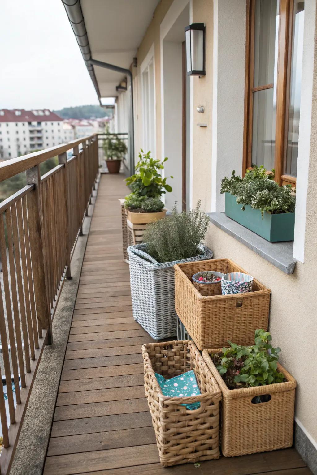 Decorative baskets keep balcony essentials tidy.