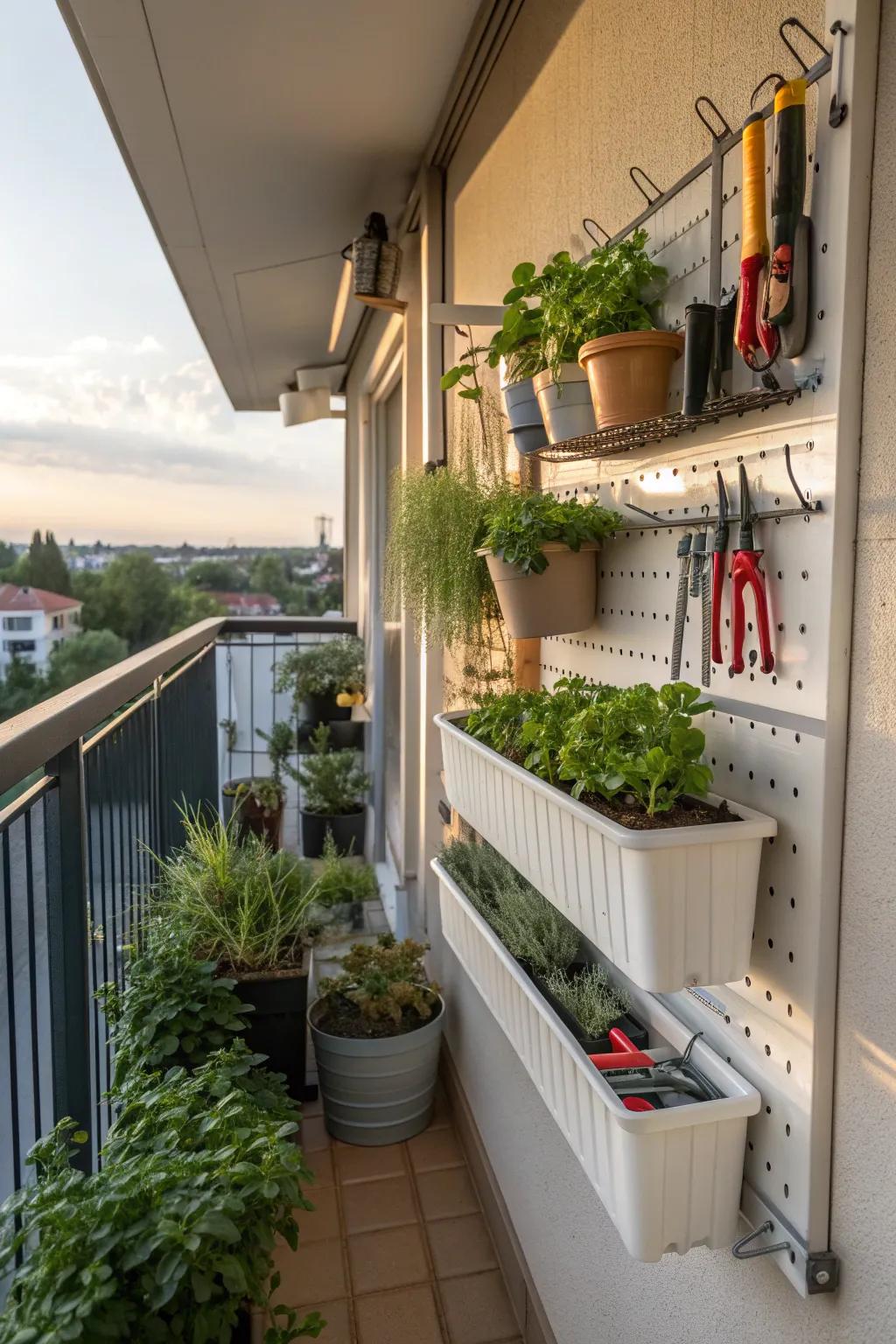 Hanging storage maximizes vertical space efficiently.