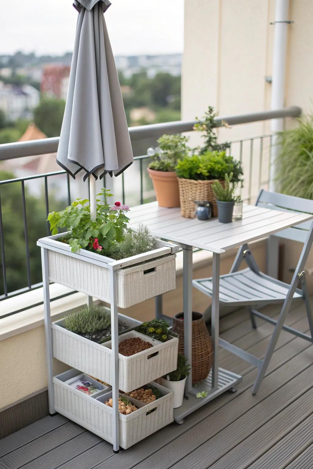 Under-table storage keeps balconies clutter-free.