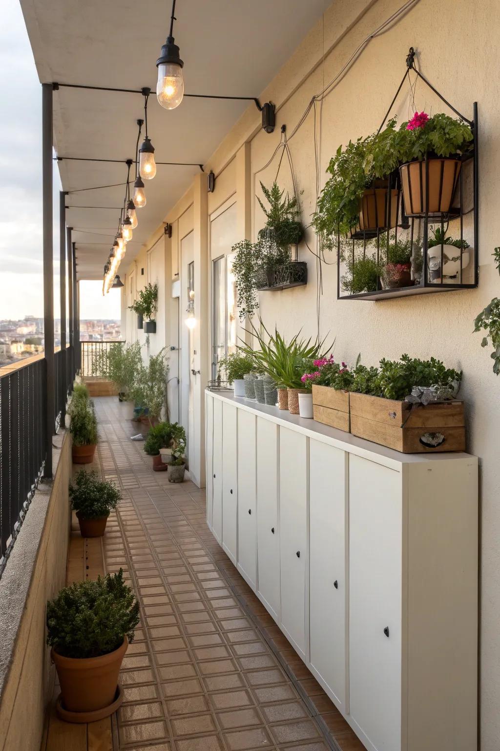 Wall-mounted cabinets free up balcony floor space.