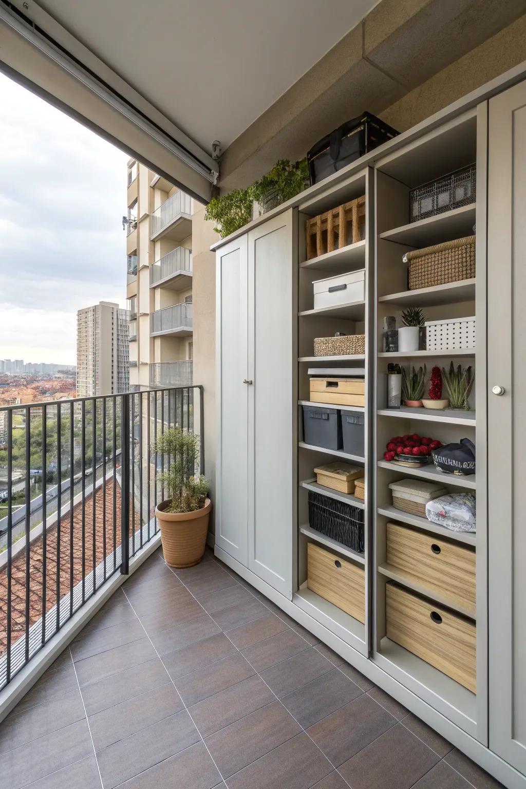 Custom-built storage optimizes unique balcony spaces.
