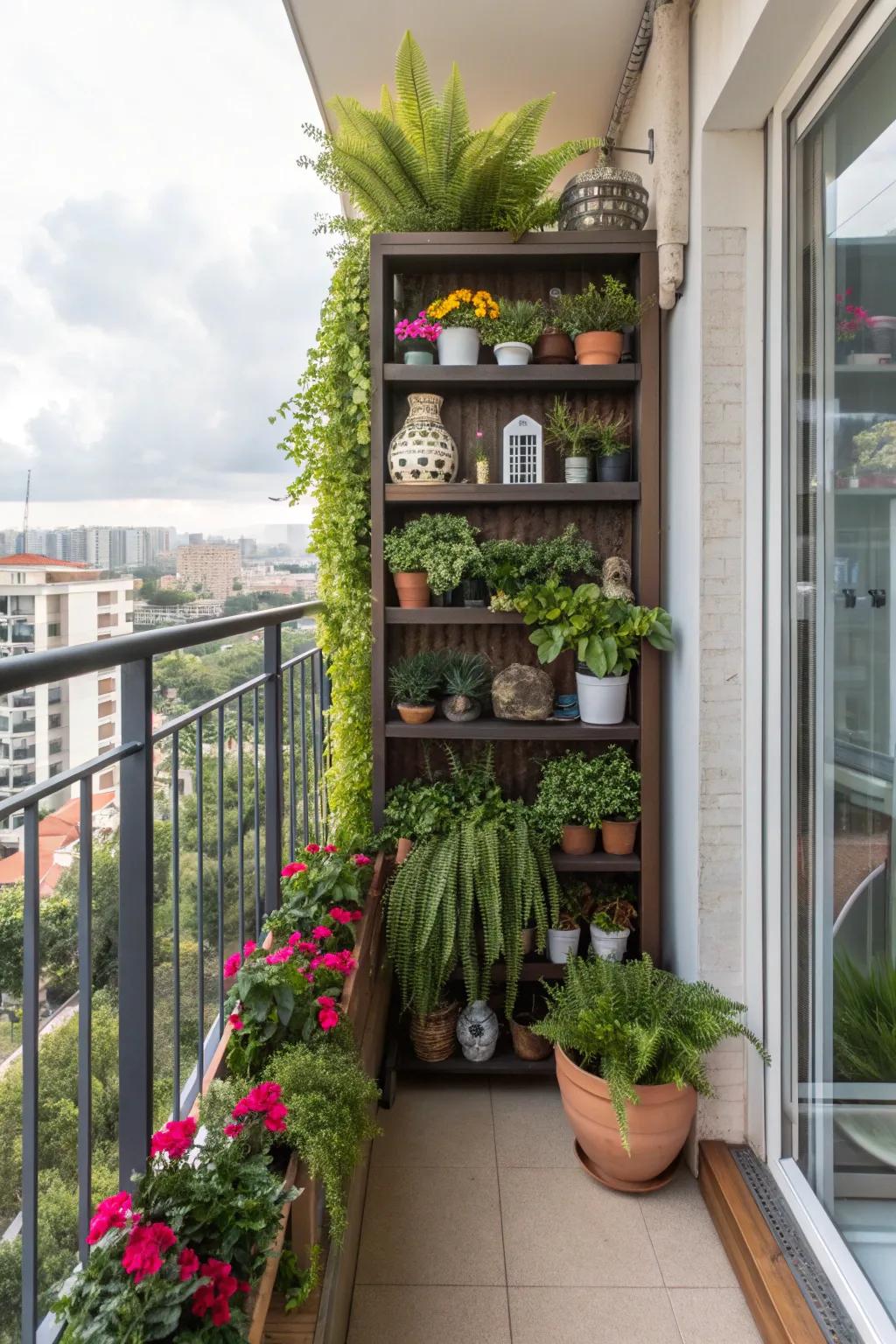 Vertical shelving transforms a balcony into a vertical garden.