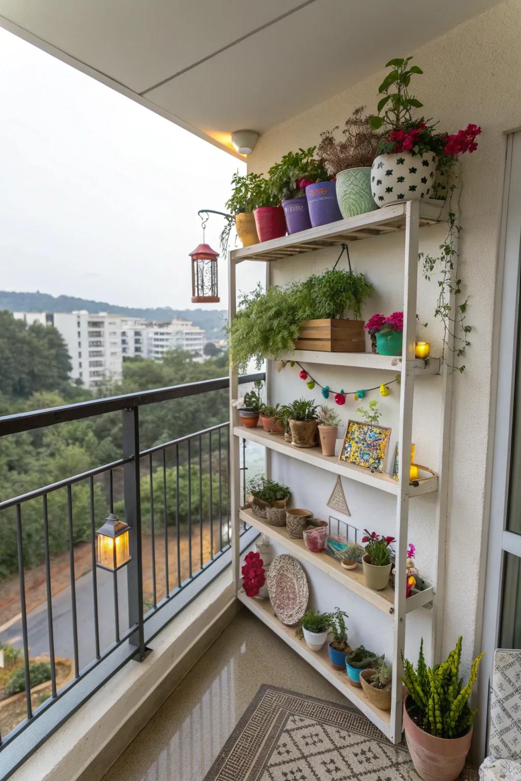 Floating shelves enhance balcony decor and storage.