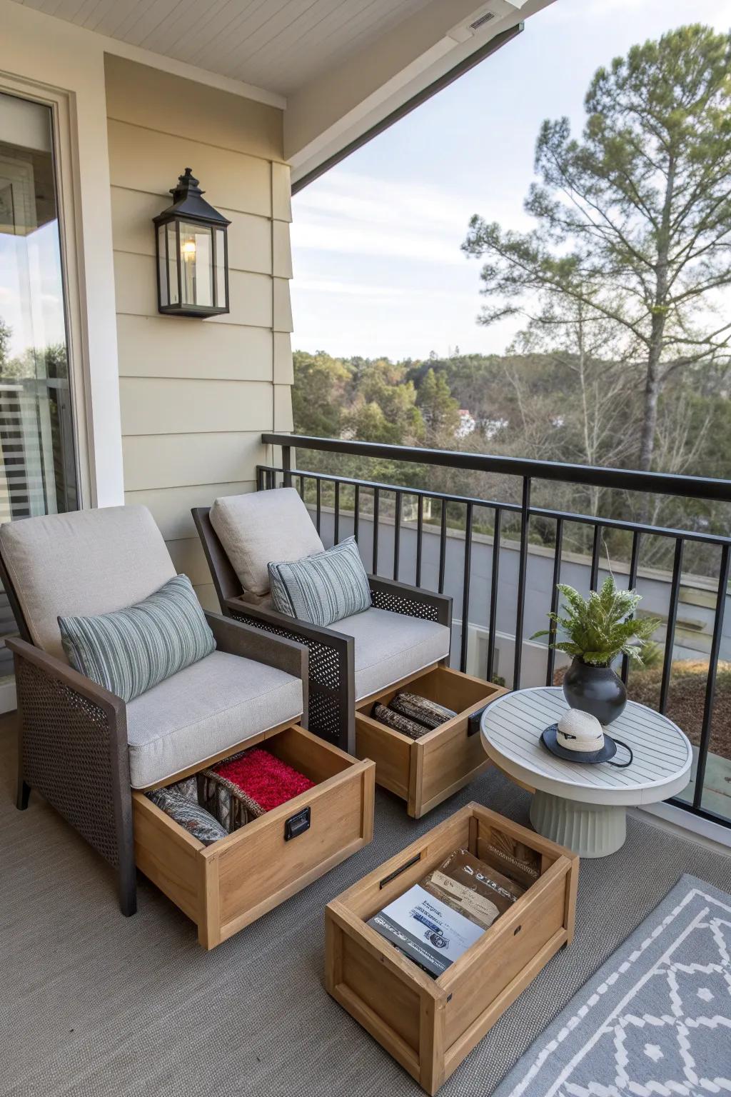 Under-seat storage keeps balcony items hidden yet accessible.