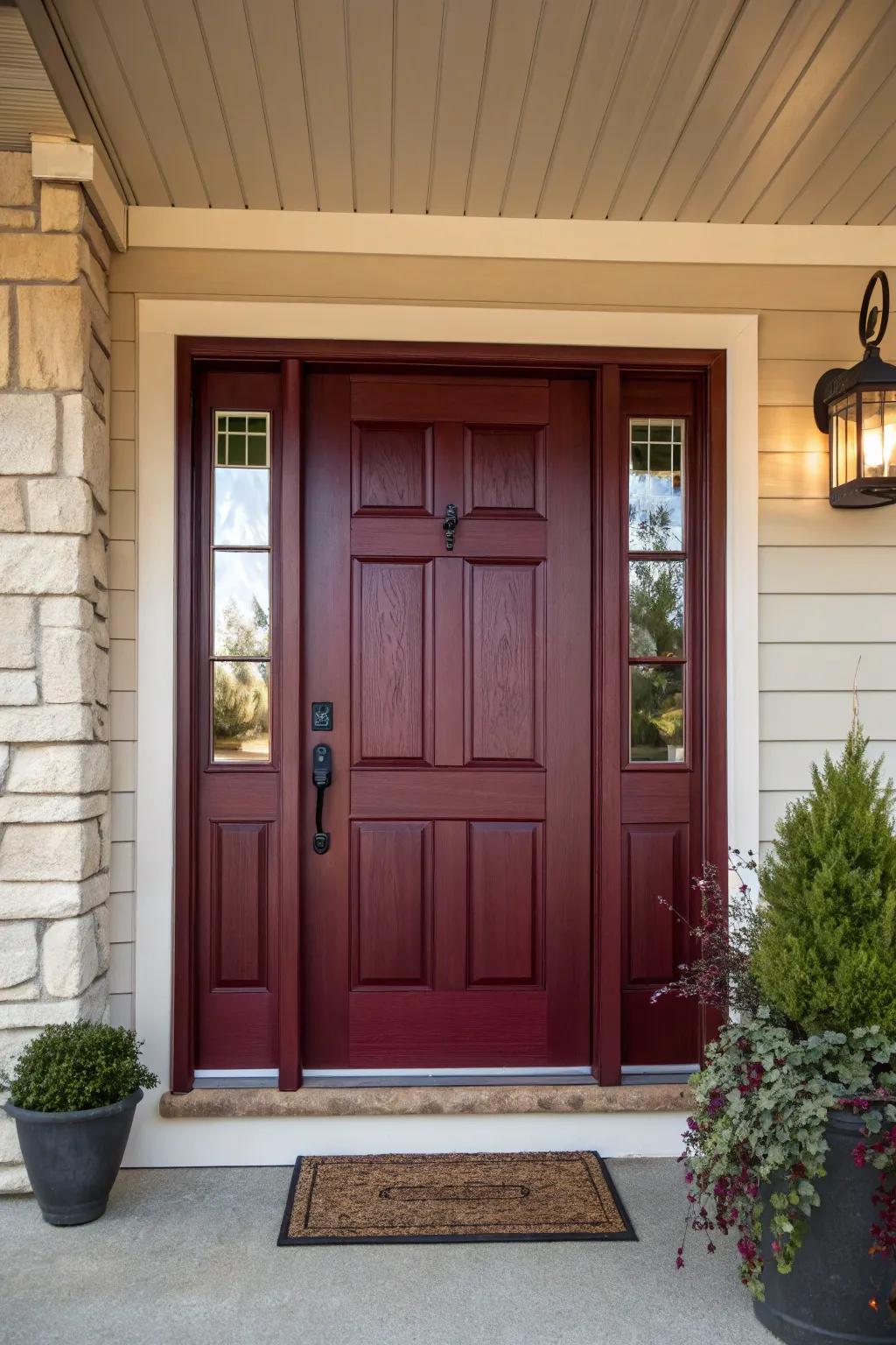 Create a warm welcome with a bold burgundy-stained door.