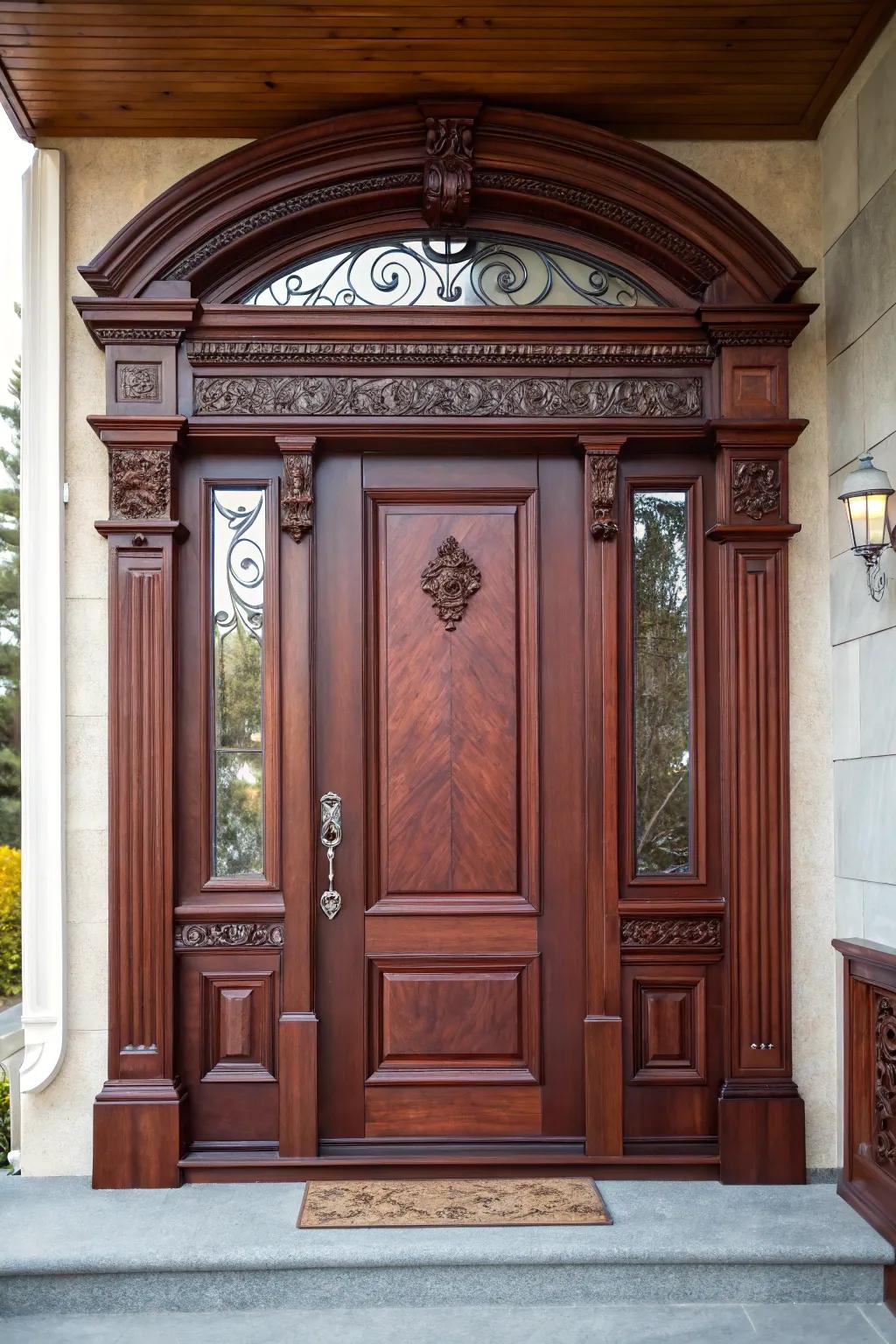 A classic mahogany stain adds a touch of timeless elegance to any front door.