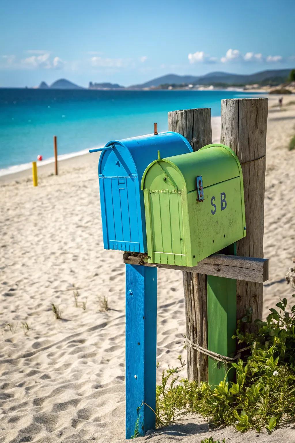 A vibrant mailbox painted in ocean colors, adding a refreshing touch.