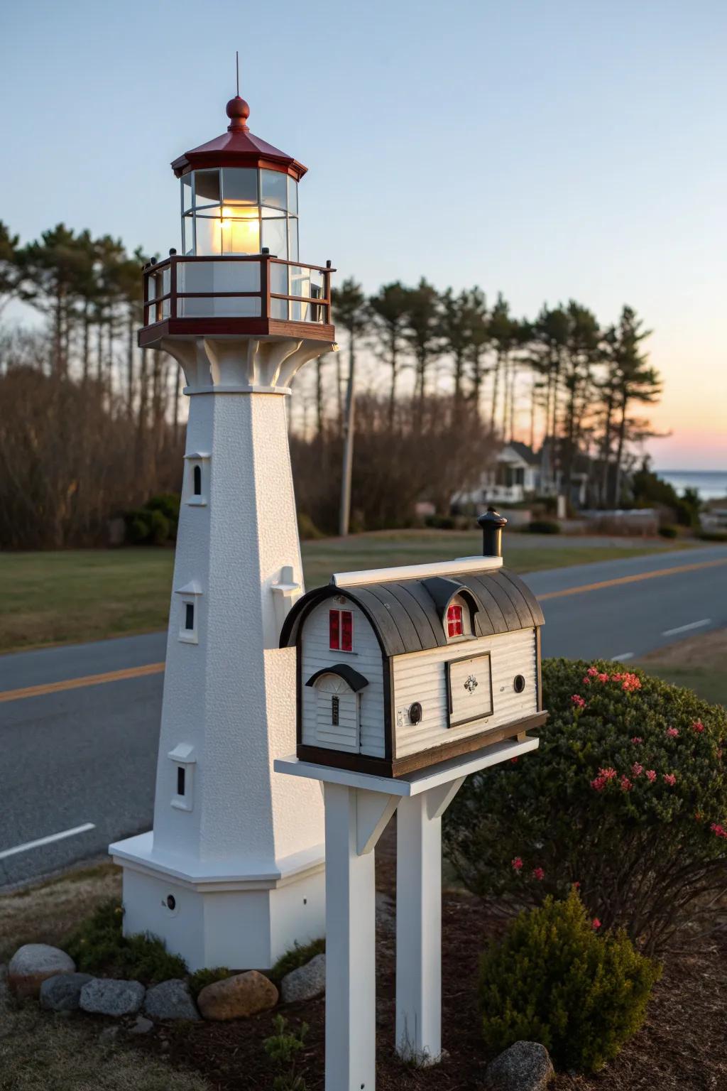 A lighthouse-inspired mailbox post, guiding the way to your home.