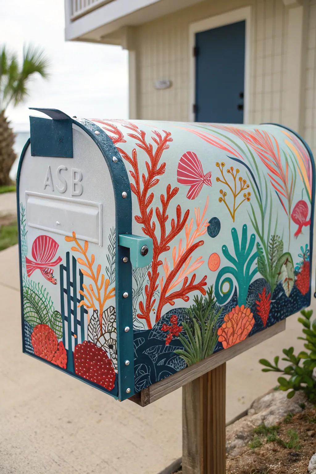 A coral reef-themed mailbox bringing ocean life to your curb.