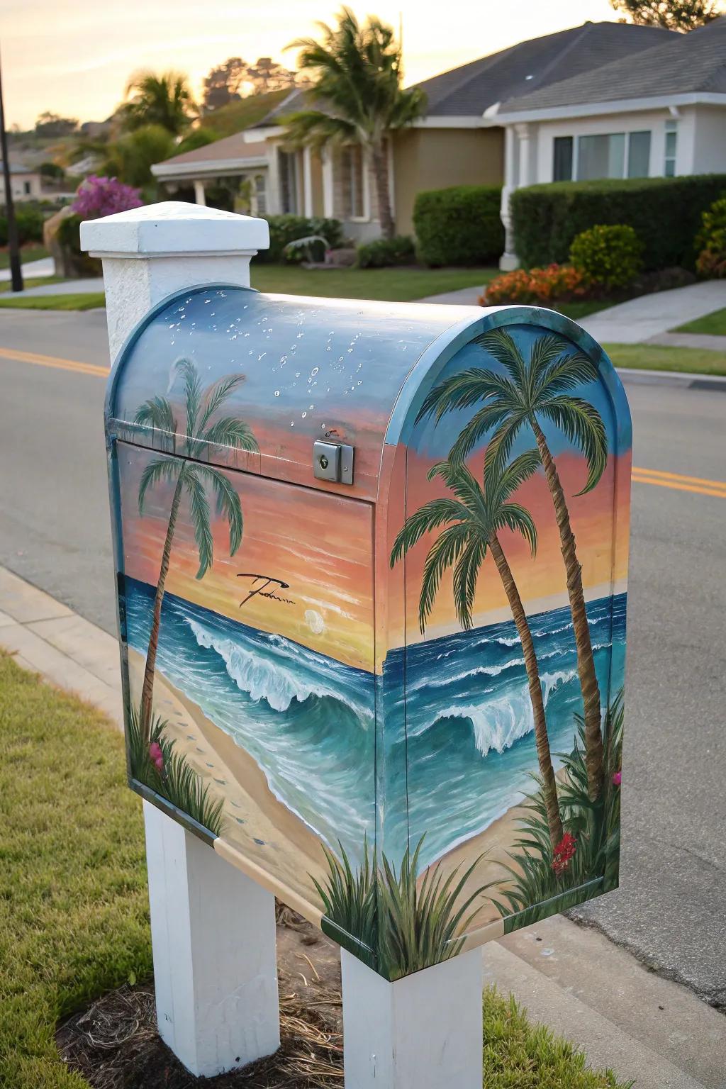 A beautifully painted mailbox showcasing a serene beach scene.