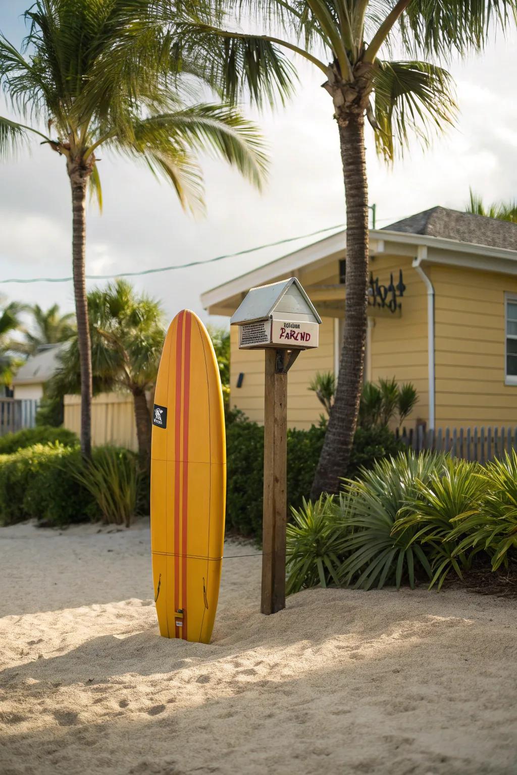 A surfboard-themed mailbox bringing the surf to your curb.