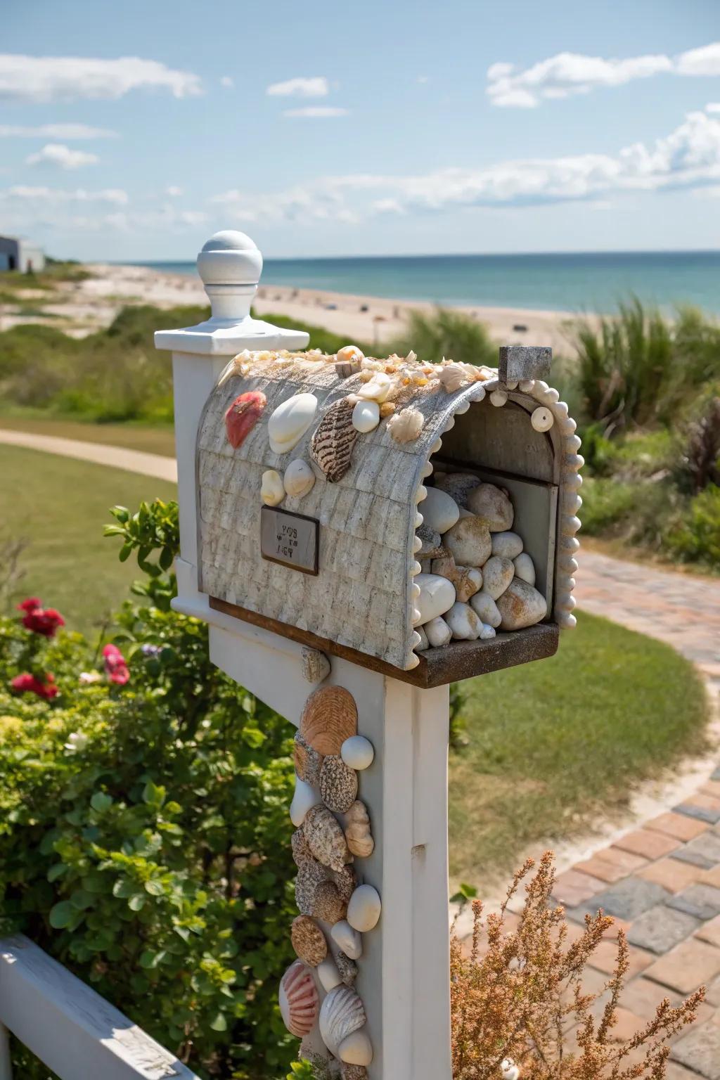 A mailbox featuring a unique shell collection display.