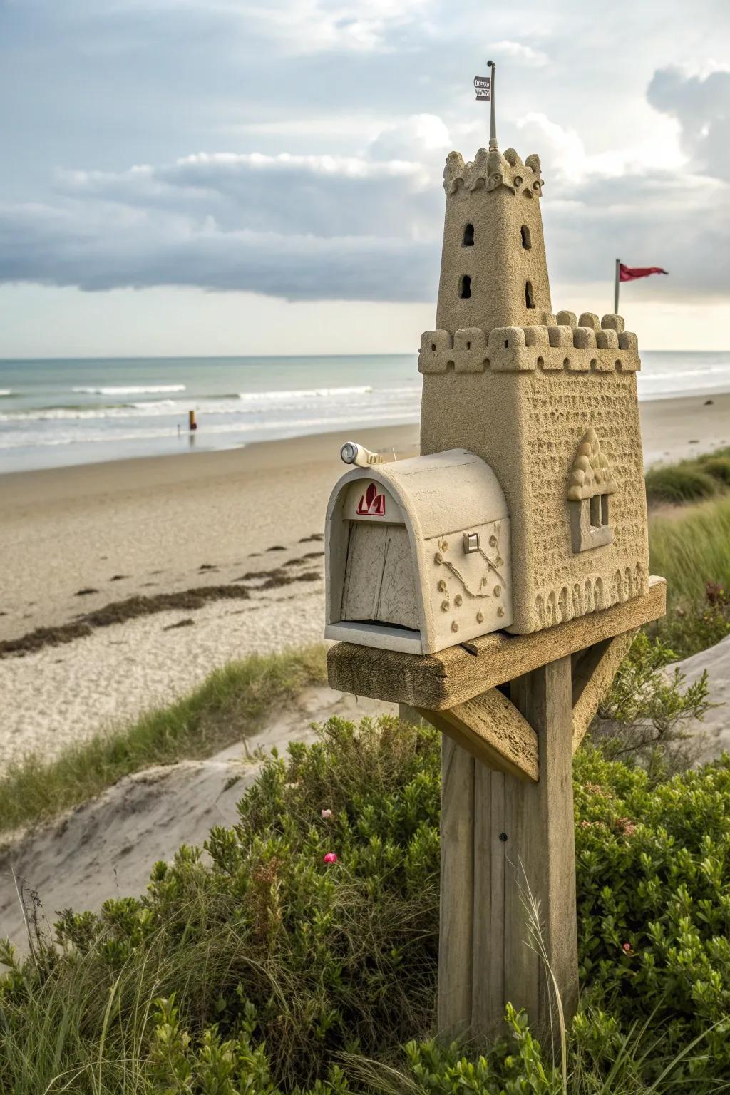 A sandcastle-inspired mailbox post for a playful beach vibe.