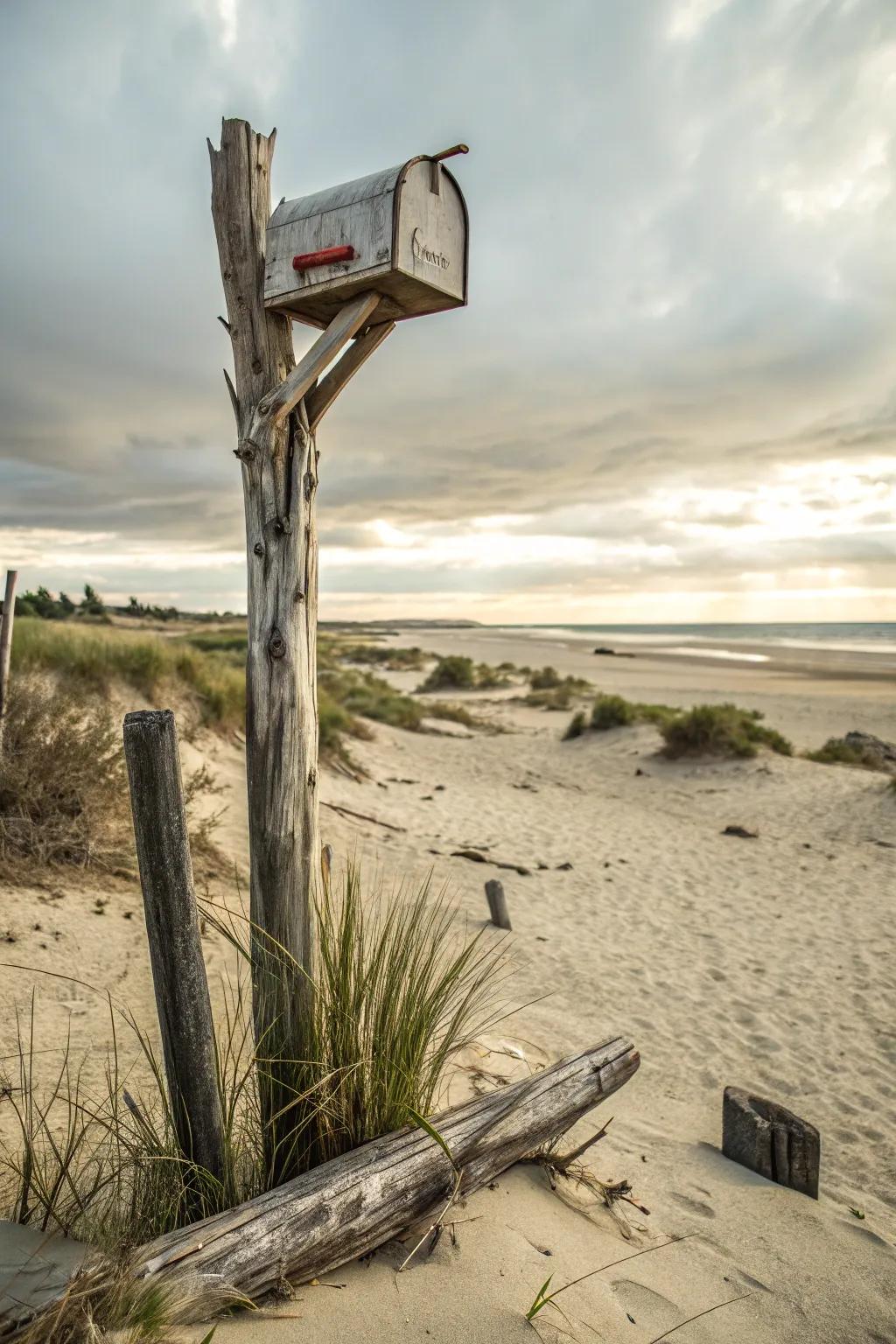 A rustic driftwood post enhancing the beachy vibe of a mailbox.