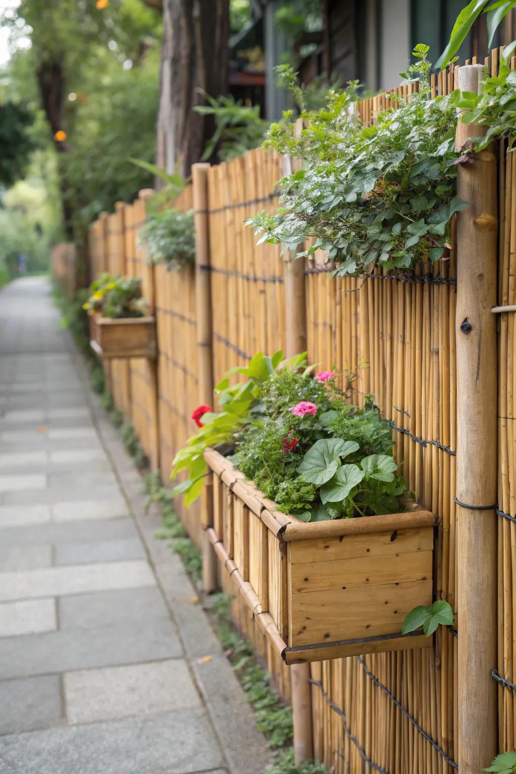 A living bamboo fence with lush planter boxes.