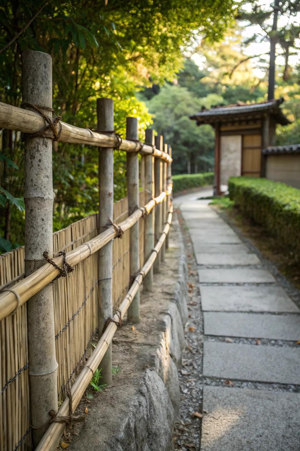 A multi-textured bamboo fence with concrete and wood.