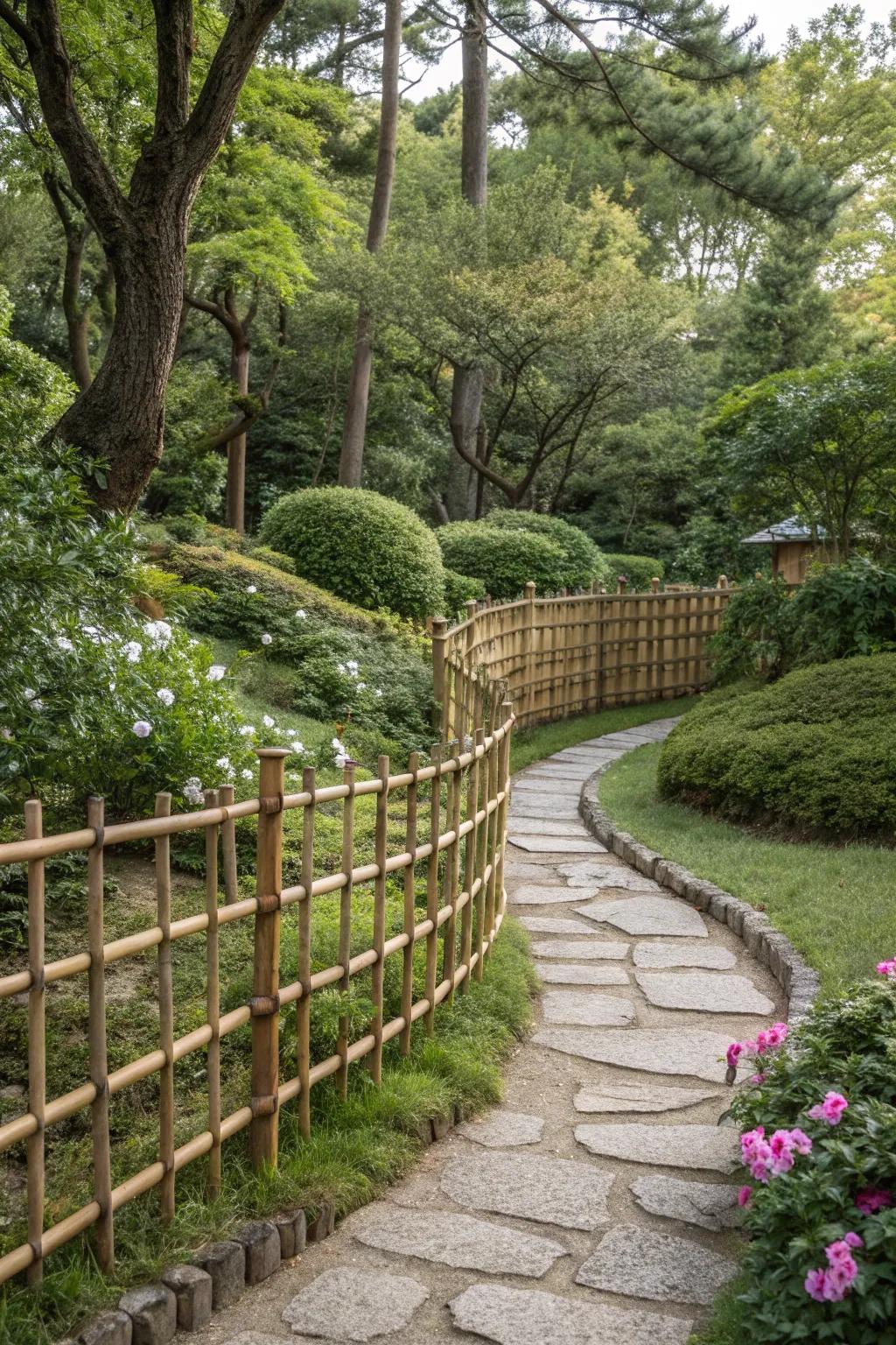 A dynamic and unique curved bamboo fence.