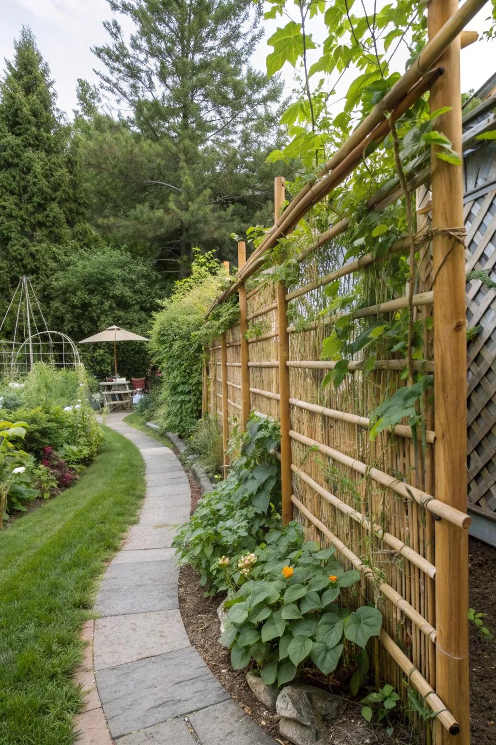 A lush garden with trellis-style bamboo fencing.