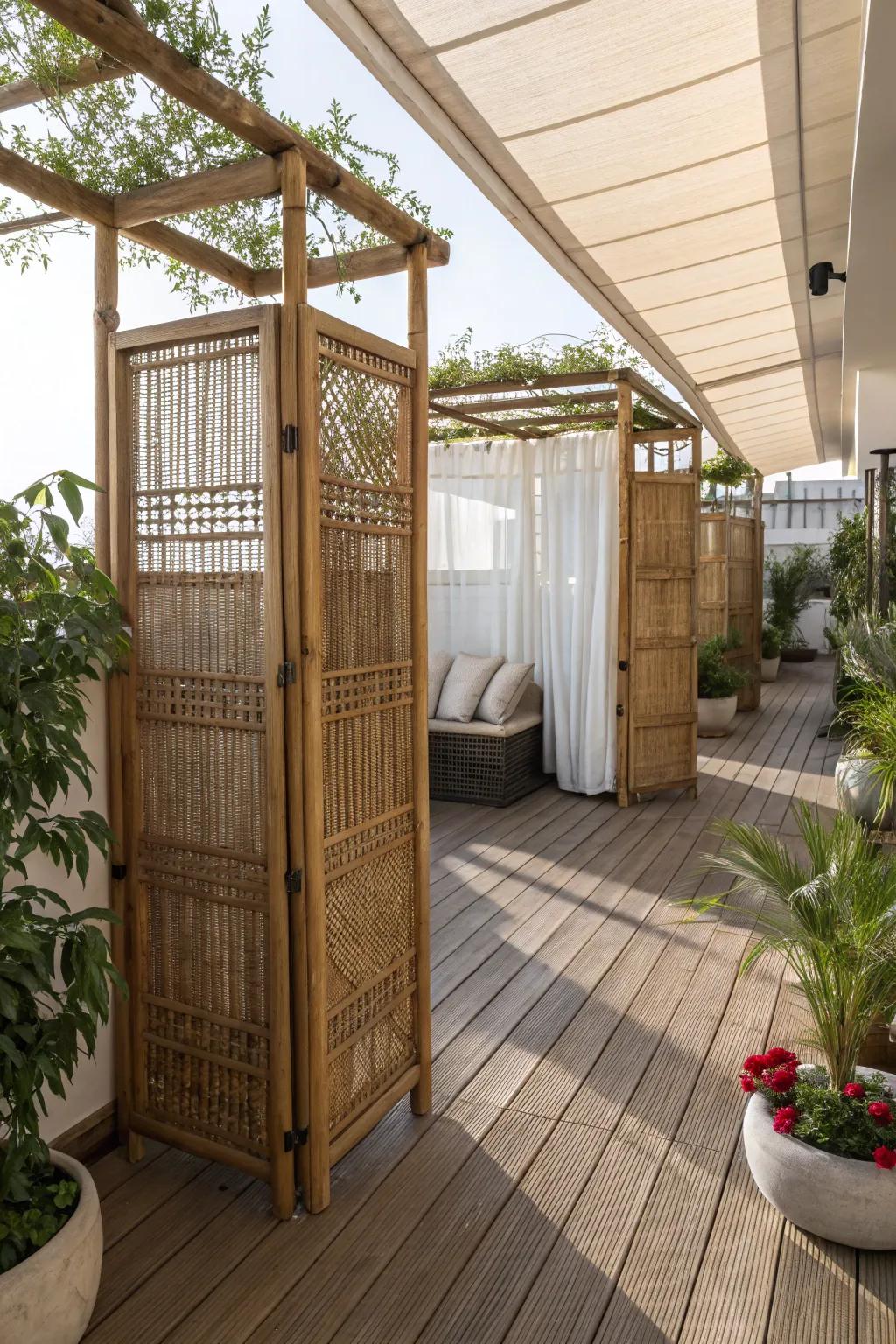 A cozy bamboo partition on a sunny patio.