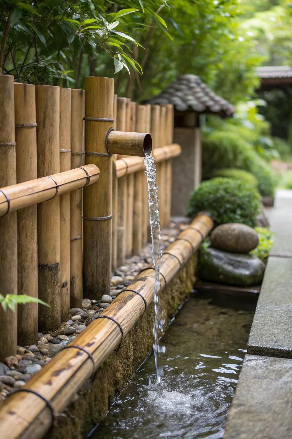 A tranquil bamboo fence with a soothing water feature.