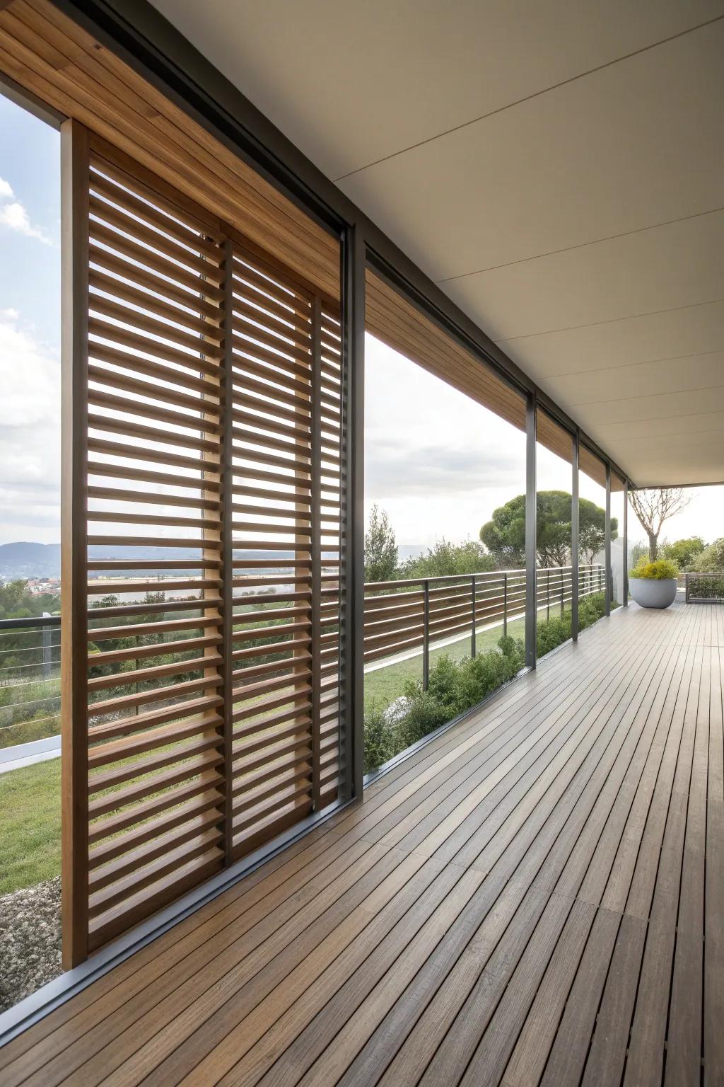 Achieve a modern look with wooden slats that balance style and privacy.