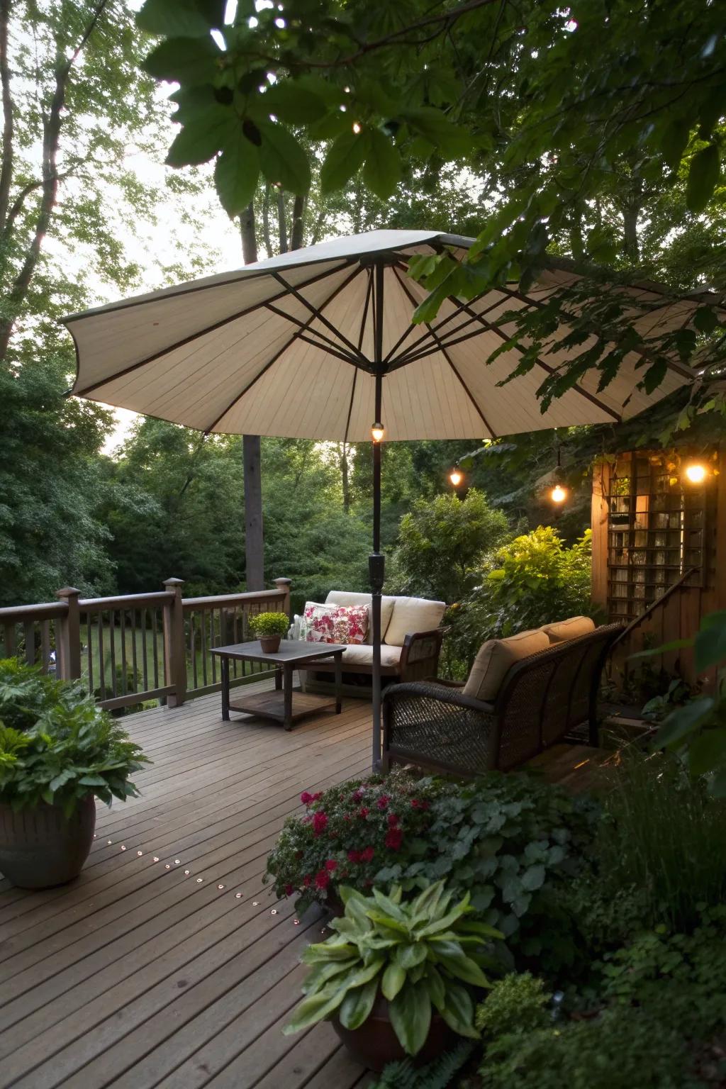 Keep it simple with a large umbrella for shade and flexible privacy.